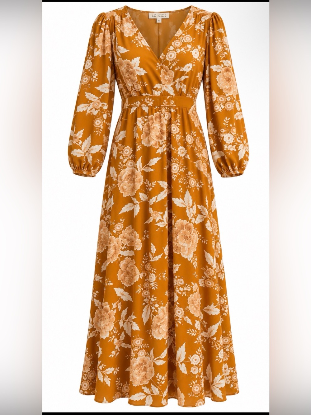 LC Lauren Conrad Mustard Floral Wrap Maxi Dress
